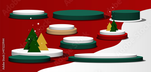 Set of Christmas circle base. Collection of podium stands isolated on Red, White background. Stage empty for decorated product display. Vector illustration.