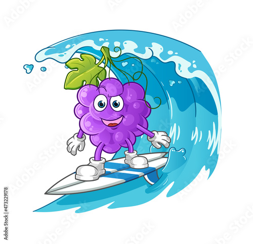 grape surfing character. cartoon mascot vector