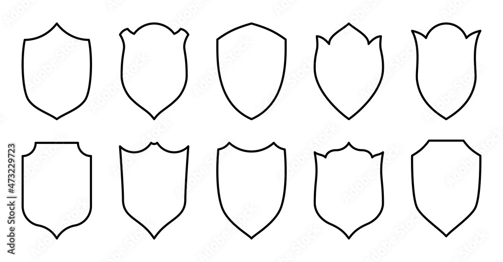 Shield black line icon set. Vector security simple form label coat of arms armor. Outline awards badge. Guarantee sign protect heraldic symbol of cut shape. Minimal medieval form isolated on white Shield black line icon set. Vector security simple form label coat of arms armor. Outline awards badge. Guarantee sign protect heraldic symbol of cut shape. Minimal medieval form isolated on white