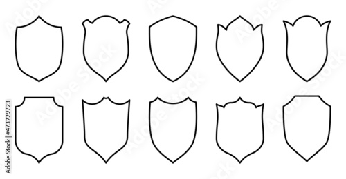 Shield black line icon set. Vector security simple form label coat of arms armor. Outline awards badge. Guarantee sign protect heraldic symbol of cut shape. Minimal medieval form isolated on white