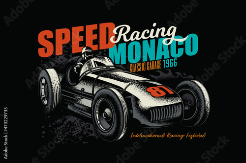 Original vector illustration in vintage style. An old vintage racing car. T-shirt design, stickers, print.