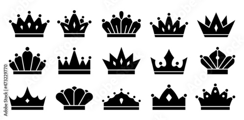 Crown silhouette of royal distinction black flat set. Heraldic symbol of different shapes. Royal seal stamp government of the monarchy important letter. Leadership champion icon isolated on white