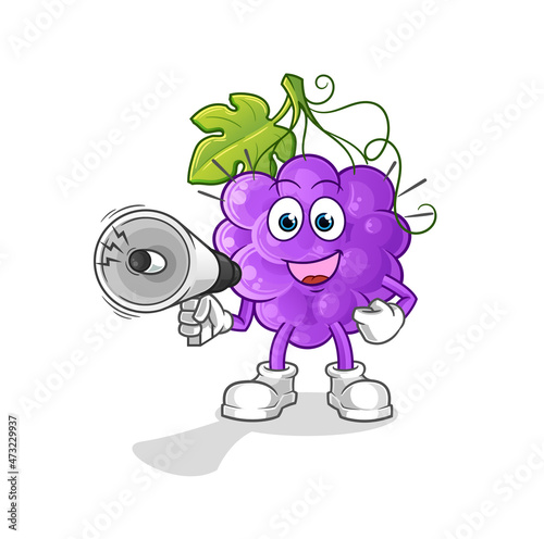grape holding hand loudspeakers vector. cartoon character