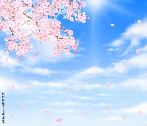 美しく華やかな桜の花と花びら舞い散る春の青空に光差し込む雲のノスタルジックな背景ベクター素材イラスト
