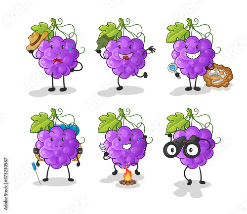 grape adventure group character. cartoon mascot vector