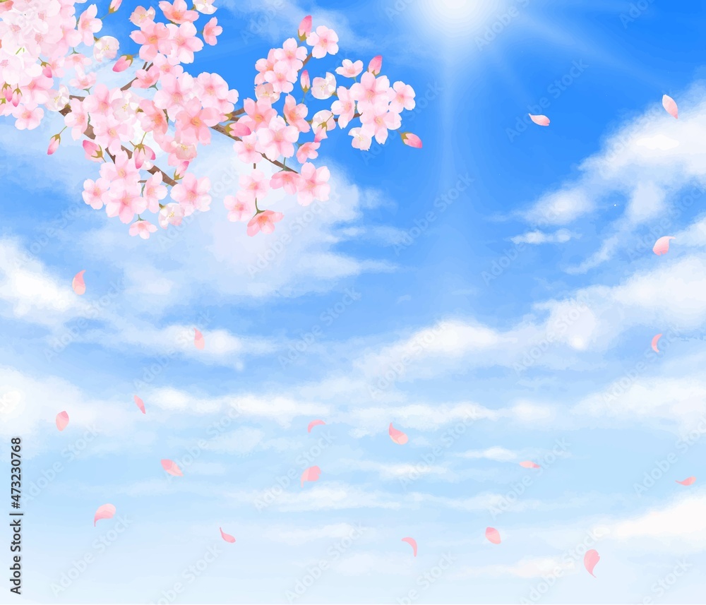 美しく華やかな桜の花と花びら舞い散る春の青空に光差し込む雲のノスタルジックな背景ベクター素材イラスト Stock Vector Adobe Stock 美しく華やかな桜の花と花びら舞い散る春の青空に光差し込む雲のノスタルジックな背景ベクター素材イラスト Stock Vector Adobe Stock