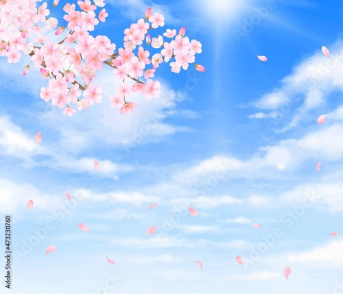 美しく華やかな桜の花と花びら舞い散る春の青空に光差し込む雲のノスタルジックな背景ベクター素材イラスト © Merci