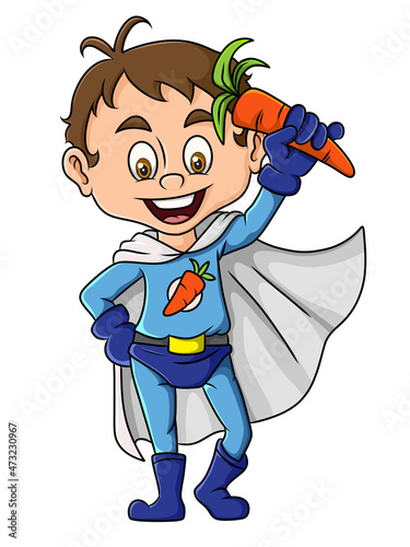 The vegetable superhero is holding the carrot
