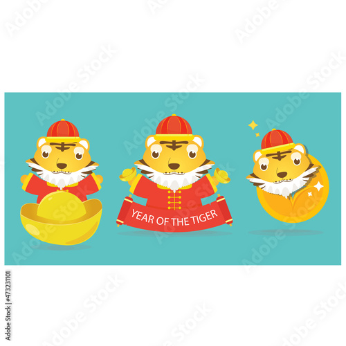 Happy Chinese New Year 2022 cartoon tiger holding a red greeting card and ingots in the new year Premium Vector