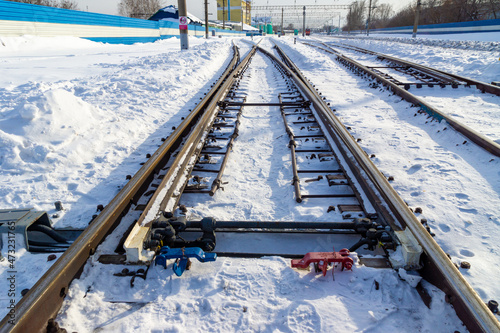 Railroad switch mechanism in front of the railway junction station, selective focus