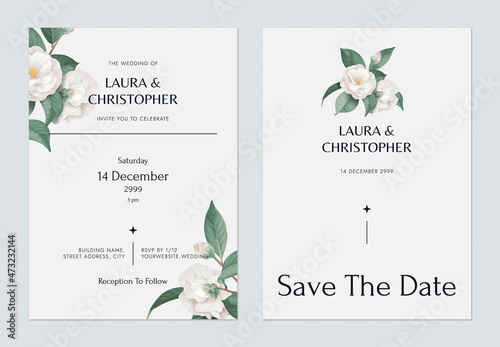 Fotografiet Floral wedding invitation card template design, white semi-double camellia flowe