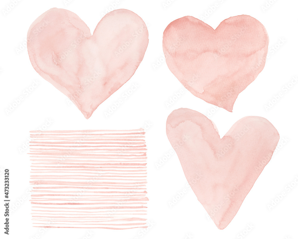 Blush Pink Heart and Strips Watercolor Background Collection Set of