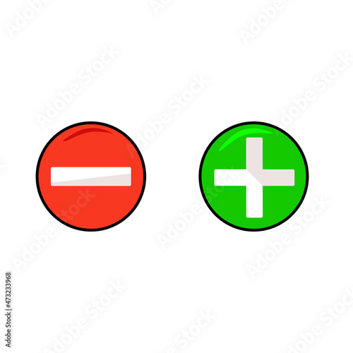 Green plus sign and red minus sign. Circle shape. Vector illustration.