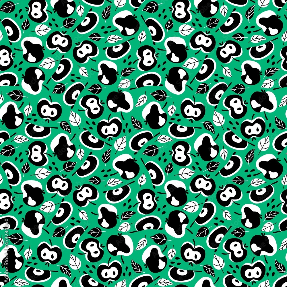 Black and white apples with seeds and leaves on sea-green background seamless pattern vector. Chaotic and vibrant surface design with fresh fruits vector Black and white apples with seeds and leaves on sea-green background seamless pattern vector. Chaotic and vibrant surface design with fresh fruits vector
