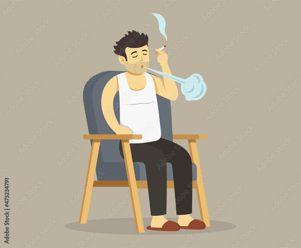 Isolated messy male character holding cigarette and blow out smoke while sitting on armchair. Flat vector illustration template. Isolated messy male character holding cigarette and blow out smoke while sitting on armchair. Flat vector illustration template.