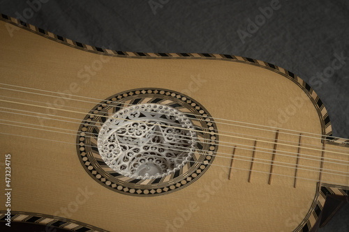 Baroque guitar of the 17th century. Close-up details