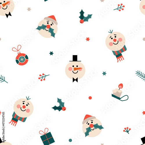 Seamless vector pattern with cute snowmen, gift, Christmas decoration, candle, berries, stars, confetti. Funny red, green and white winter pattern. Festive background for print, wrapping paper, etc.