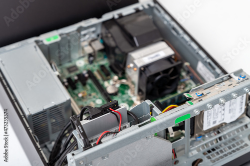 Closed-up view of SSD Hard disk drive with connectors inside of business desktop PC