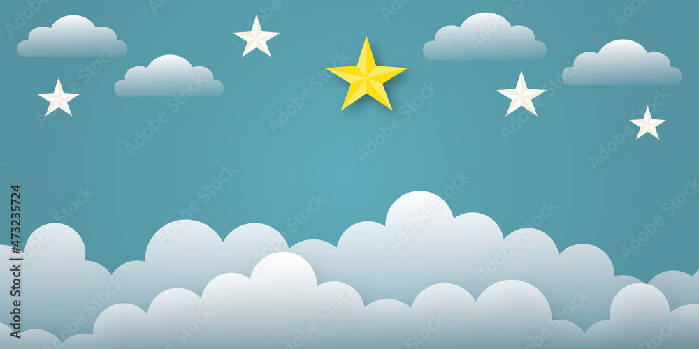 Yellow star bright among white stars in the sky and clouds as metaphor for unique or different creative idea concepts, space for the text. paper cut design style. Yellow star bright among white stars in the sky and clouds as metaphor for unique or different creative idea concepts, space for the text. paper cut design style.