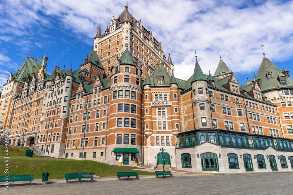 Famous Chateau Frontenac in Quebec historic center located on Dufferin Terrace promenade with scenic views and landscapes of Saint Lawrence River.