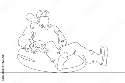 One continuous line.Doctor on urgent call. The child is rolling down a snow slide. Riding on a tubing. Winter fun. Games for children. One continuous drawing line logo isolated minimal illustration.