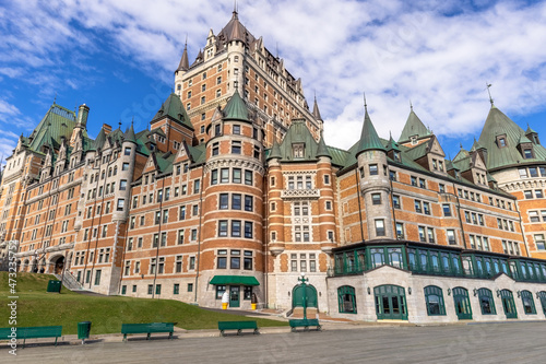 Famous Chateau Frontenac in Quebec historic center located on Dufferin Terrace promenade with scenic views and landscapes of Saint Lawrence River.