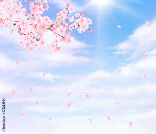 美しく華やかな桜の花と花びら舞い散る春の青空に光差し込む雲のノスタルジックな背景ベクター素材イラスト