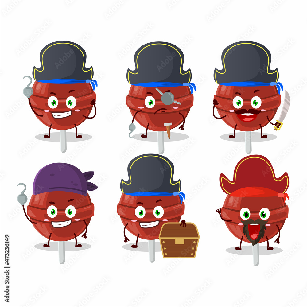 Cartoon character of sweet strawberry lollipop with various pirates emoticons Cartoon character of sweet strawberry lollipop with various pirates emoticons