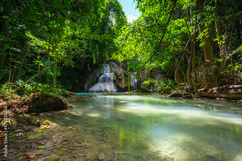Fototapeta Naklejka Na Ścianę i Meble -  Huay Mae Khamin Waterfall. Nature landscape of Kanchanaburi district in natural area. it is located in Thailand for travel trip on holiday and vacation background, tourist attraction