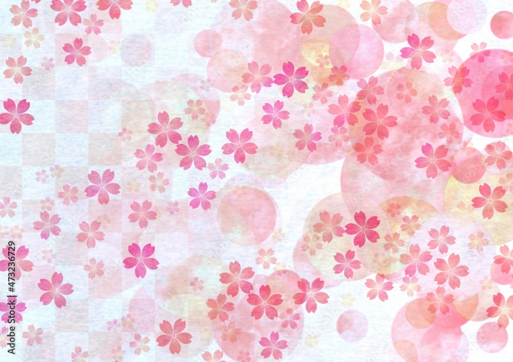 市松模様が描かれた桜の花の和風背景イラスト