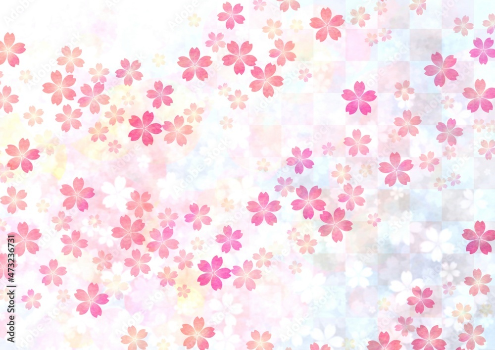 市松模様が描かれた桜の花の和風背景イラスト
