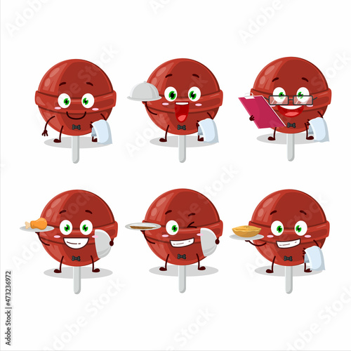 happy sweet strawberry lollipop waiter cartoon character holding a plate
