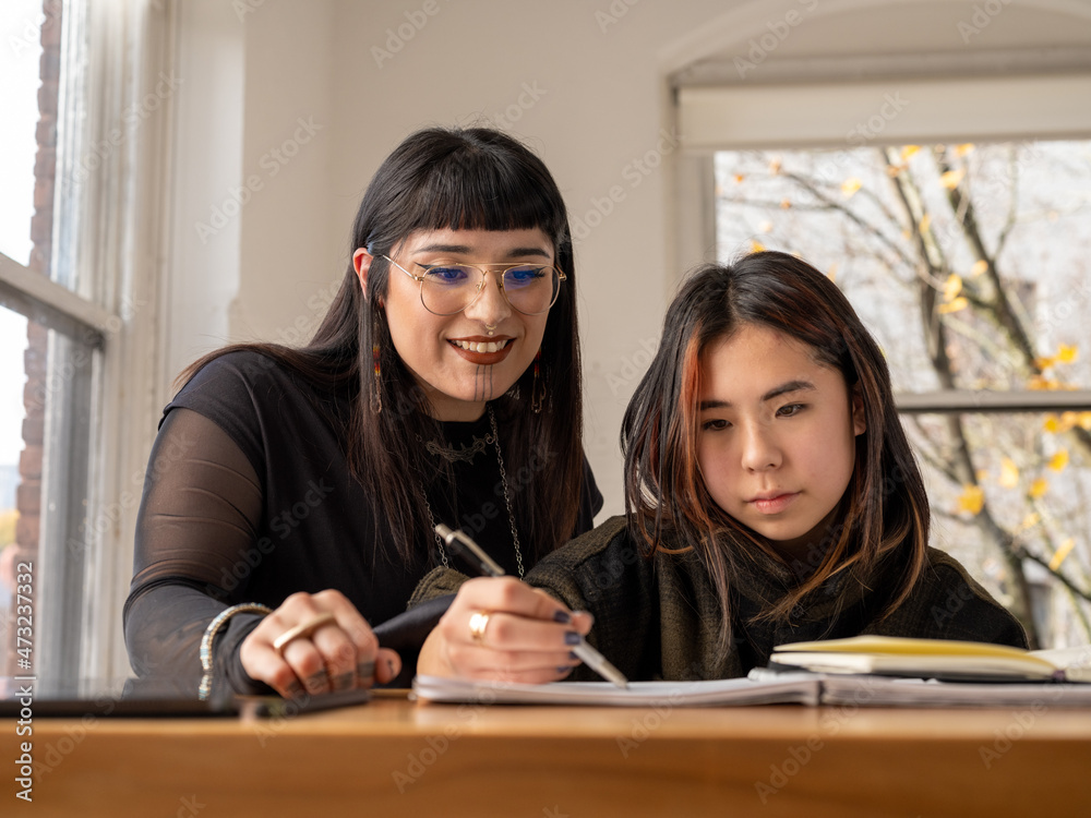 Non binary artist and non-binary student drawing indoors Non binary artist and non-binary student drawing indoors