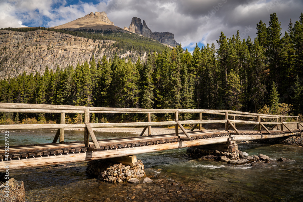 Fototapeta premium A wooden log bridge over a clear mountain creek in Banff National Park Canada.