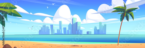 Tropical landscape with sea, sand beach, palm trees and city buildings on horizon. Vector cartoon illustration of summer seascape with town skyscrapers on island on skyline