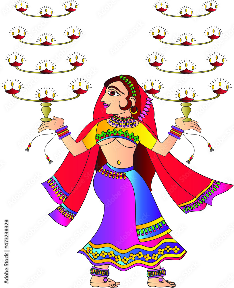 lady dancer balancing with oil lamps drawn in Indian folk art, Kalamkari