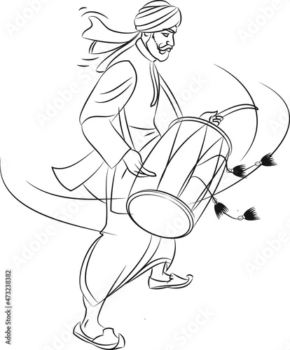Punjabi bhangra drummer in harvest festival Lohari, vector illustration