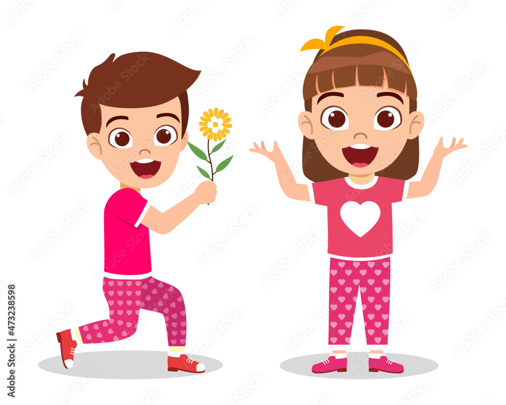 Cute kid boy character proposing with flower and kid girl character standing and waving with cheerful expression Cute kid boy character proposing with flower and kid girl character standing and waving with cheerful expression