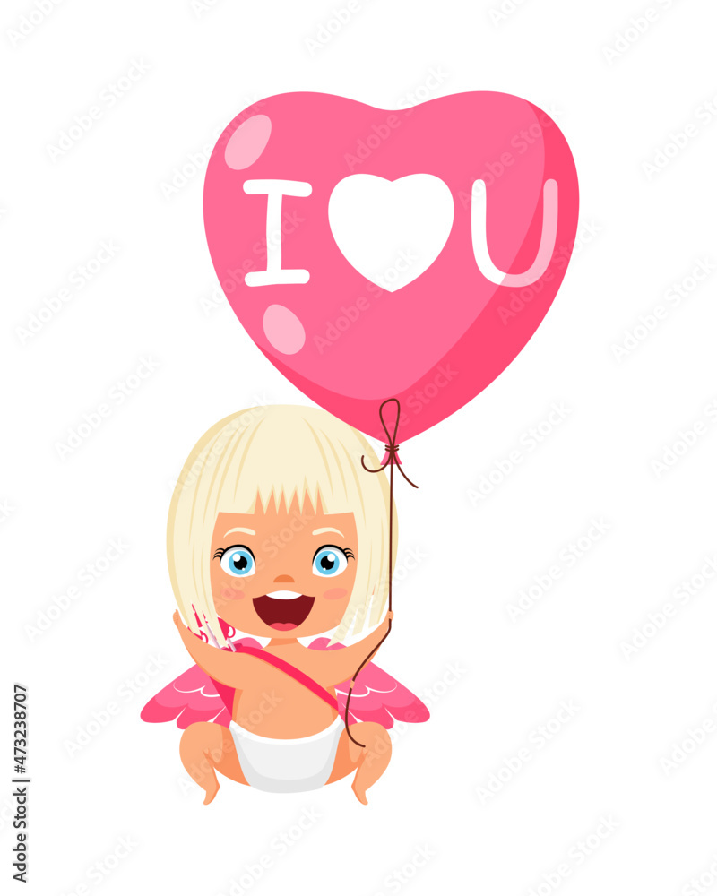 Happy cute cupid character with wings flying and holding hart shape love balloon I love you text Happy cute cupid character with wings flying and holding hart shape love balloon I love you text
