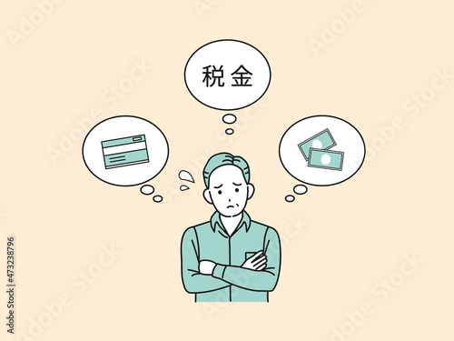 税金に悩む中年の男性　個人事業主　自営業　納税者 　支払い　困る　悩み