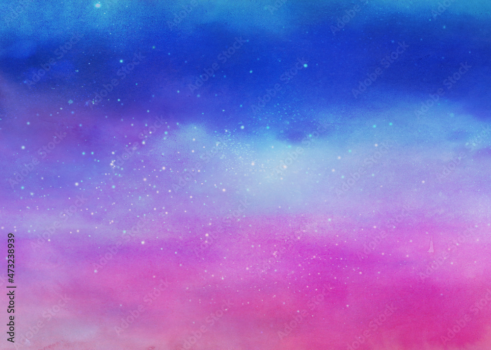 青色とピンク色の星空の風景イラスト　背景イラスト素材