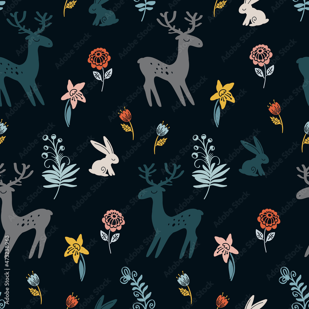 Pattern with cute deers and rabbits on a flower meadow on a black background. Seamless pattern for textiles, typography, for different types of printing.
