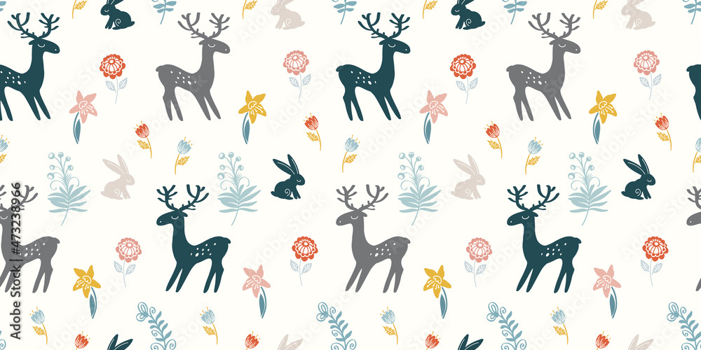 Fototapeta premium Pattern with cute deer and rabbits on a flower meadow. Seamless pattern for textiles, typography, for different types of printing. 