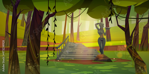 Ancient ruins of temple, greek or roman architecture in jungle. Vector cartoon illustration of rainforest landscape with old broken stone monuments, cracked statue and staircase