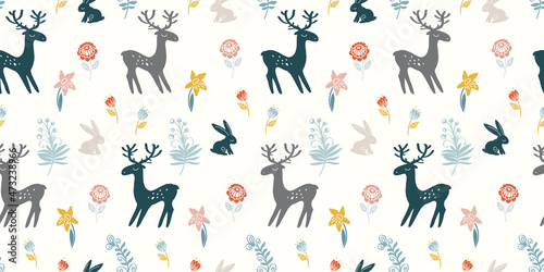 Fototapeta Naklejka Na Ścianę i Meble -  Pattern with cute deer and rabbits on a flower meadow. Seamless pattern for textiles, typography, for different types of printing.
