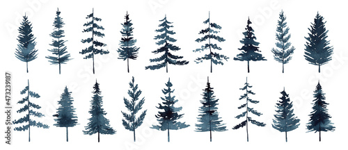Set of watercolor pines and firs isolated on white background. Abstract silhouette trees. Perfect for holiday and Christmas designs  cards  decorations  invitations. Hand painted illustration.