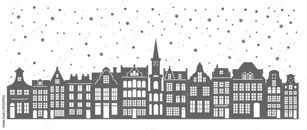 Silhouette of a row Amsterdam houses. Facades of European old buildings for Christmas decoration. Holland homes. Vector
