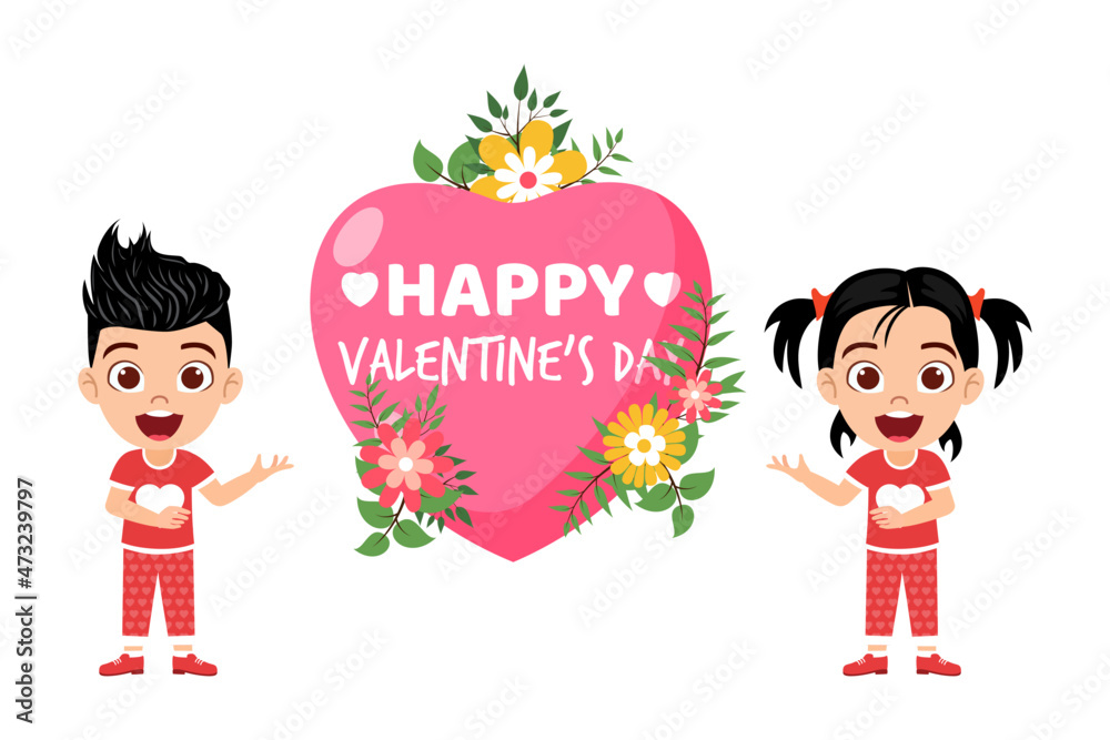 Happy cute kid boy and girl character standing and pointing to hart shape placard with flowers and pointing to