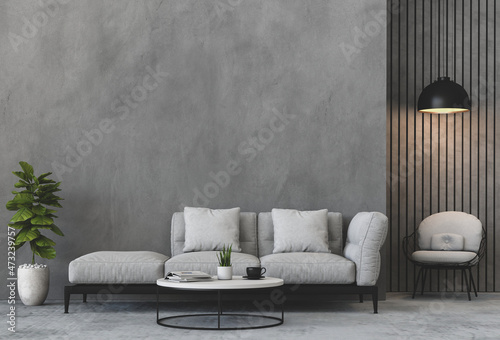 interior living room wall concrete with sofa, plant, lamp, decoration, 3D render