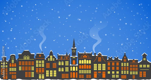 A silhouette of a number of houses in Amsterdam on a snowy night. Landscape of traditional dutch buildings in Netherlands for Christmas decor. Vector illustration.